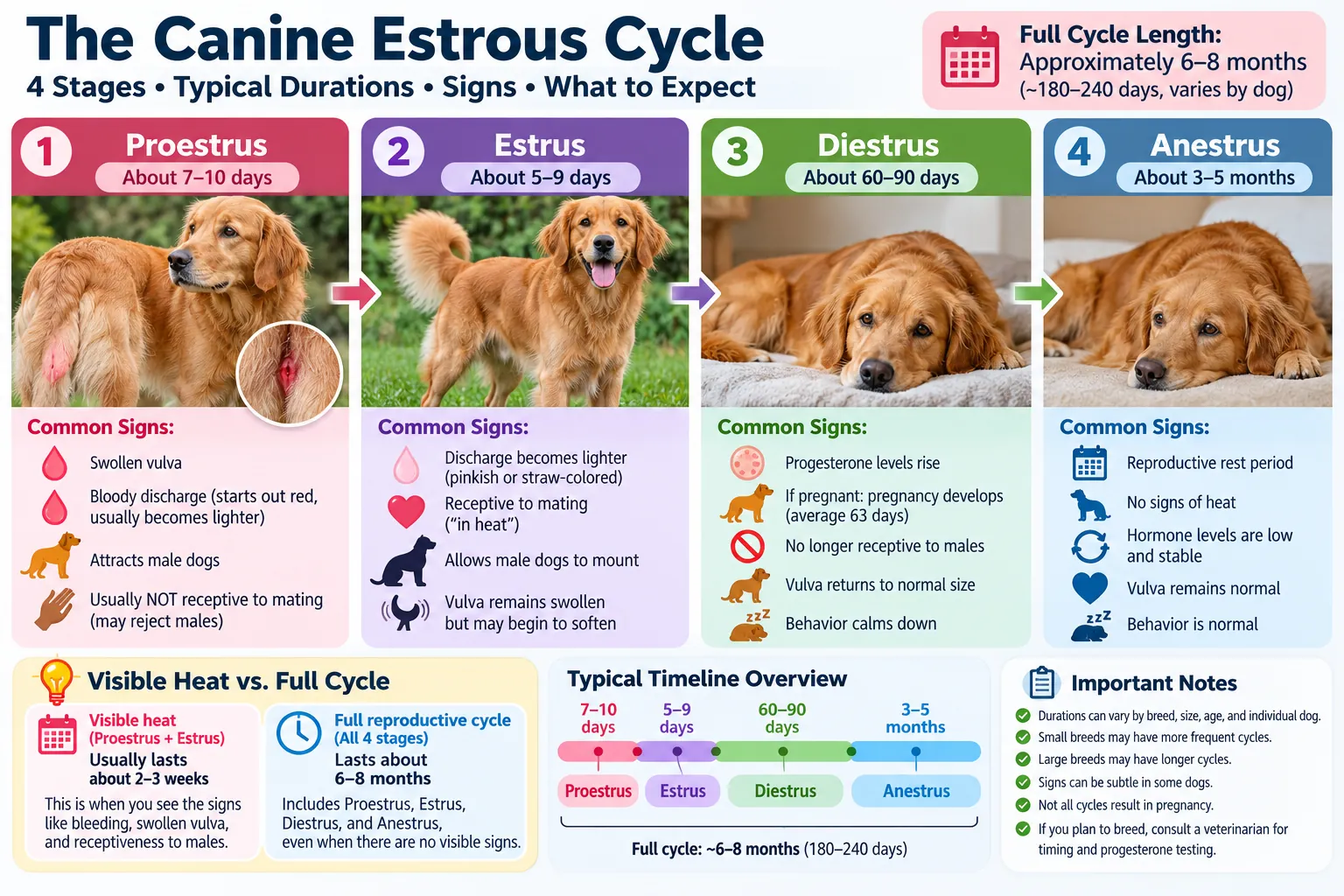 Four-stage canine estrous cycle timeline showing proestrus, estrus, diestrus, and anestrus with typical durations and signs