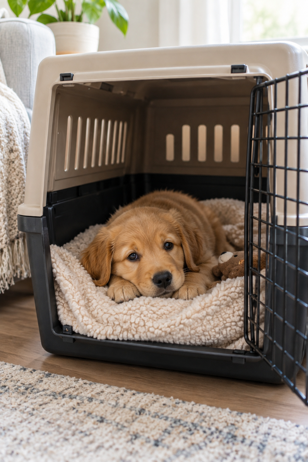 Puppy resting calmly in an open crate during housebreaking