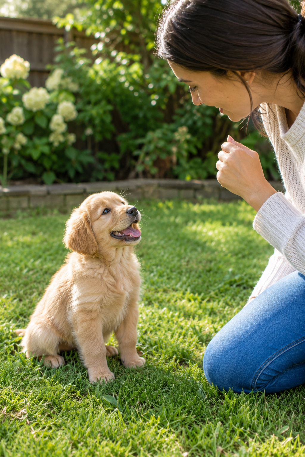 Owner praising a puppy on a garden lawn during housebreaking training