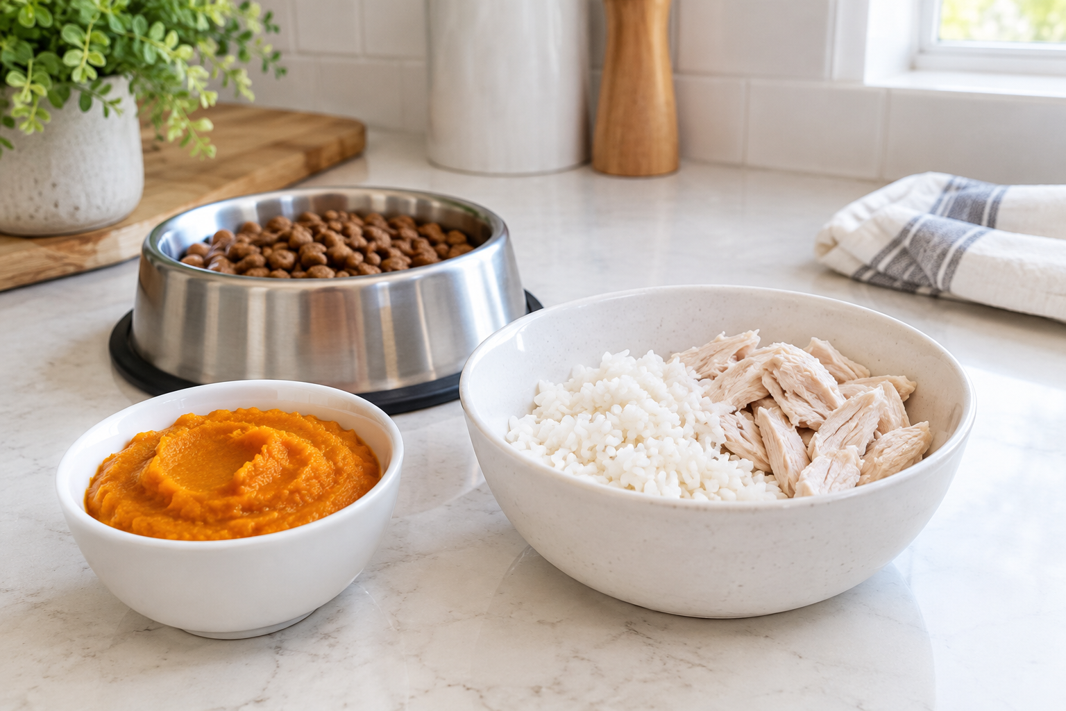 Bowl of pumpkin puree next to plain boiled chicken and rice for a bland dog meal