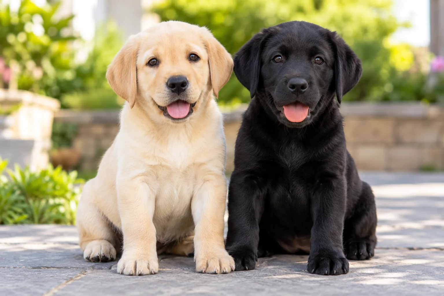 Yellow and black Labrador puppies sitting side by side