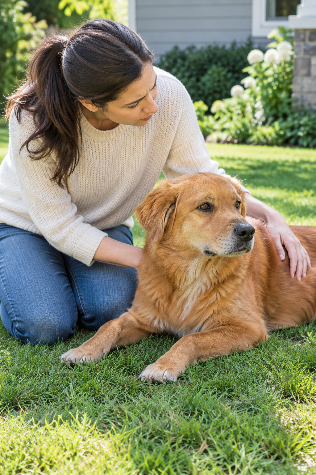 Owner kneeling beside her dog on the lawn at home
