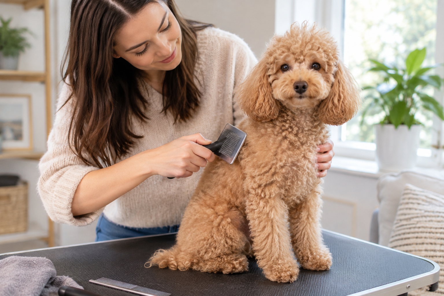 Owner brushing a poodle's curly coat with a slicker brush at home