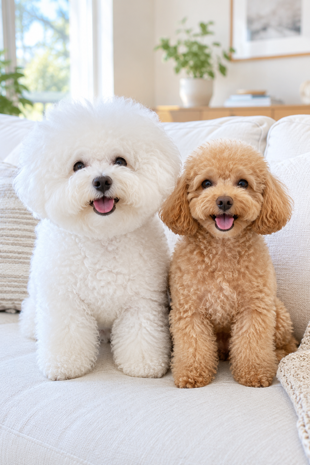 White Bichon Frise and apricot poodle sitting together on a sofa