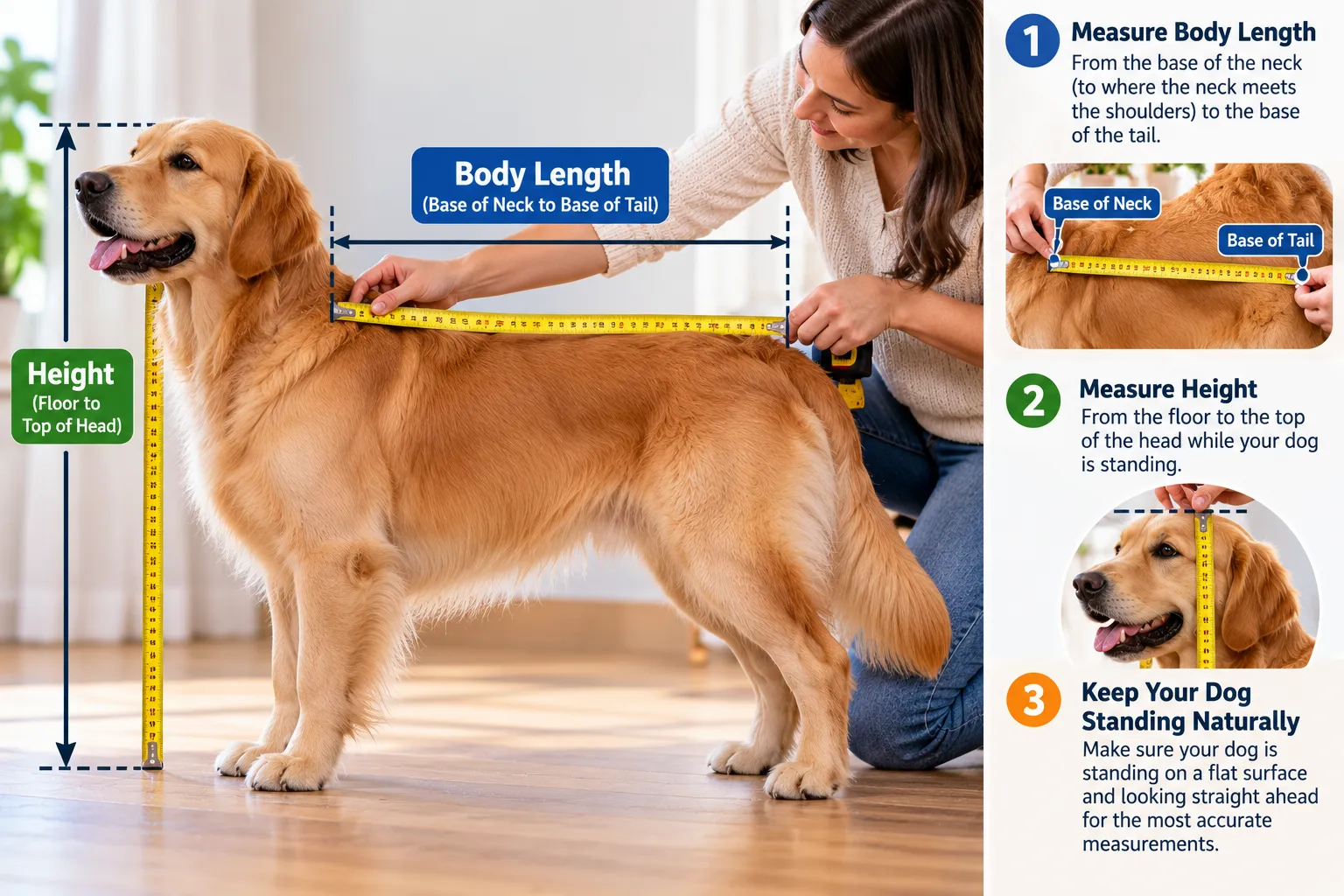 Owner measuring a dog's body length and height with a tape measure for crate sizing