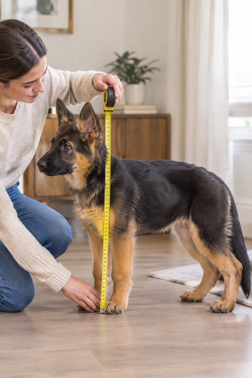 Owner measuring a young German Shepherd's height at the shoulder with a tape measure