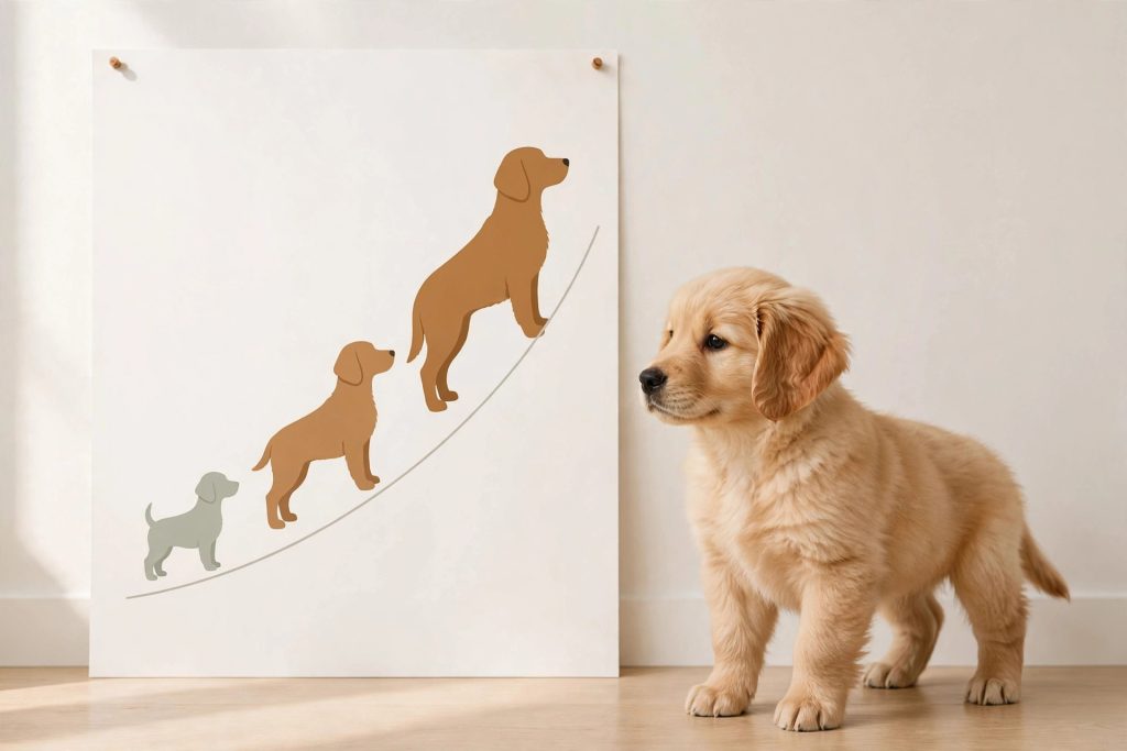 Golden retriever puppy next to a growth chart showing how big puppies get by breed size