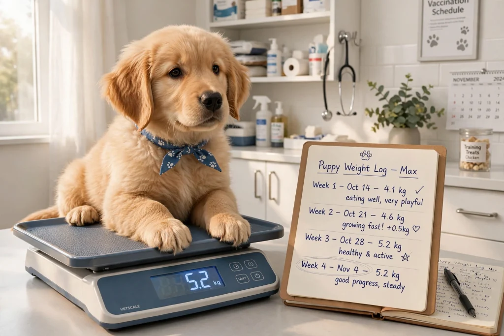Puppy growth chart predictor: puppy being weighed on a veterinary scale with a weight-tracking notebook
