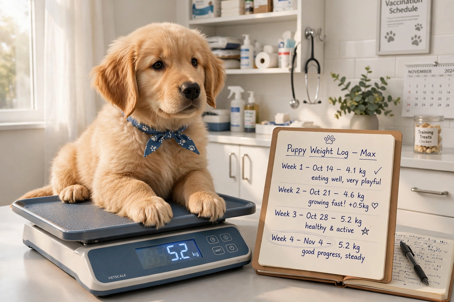 Puppy growth chart predictor: puppy being weighed on a veterinary scale with a weight-tracking notebook