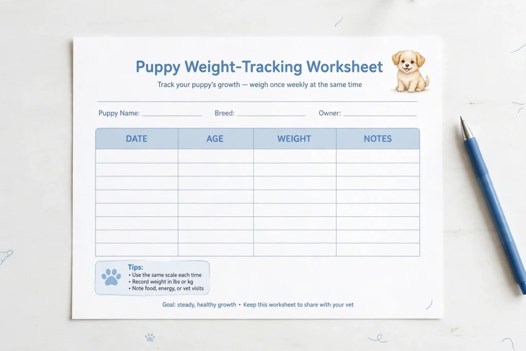 Puppy weight tracking worksheet with date, age, weight and notes fields