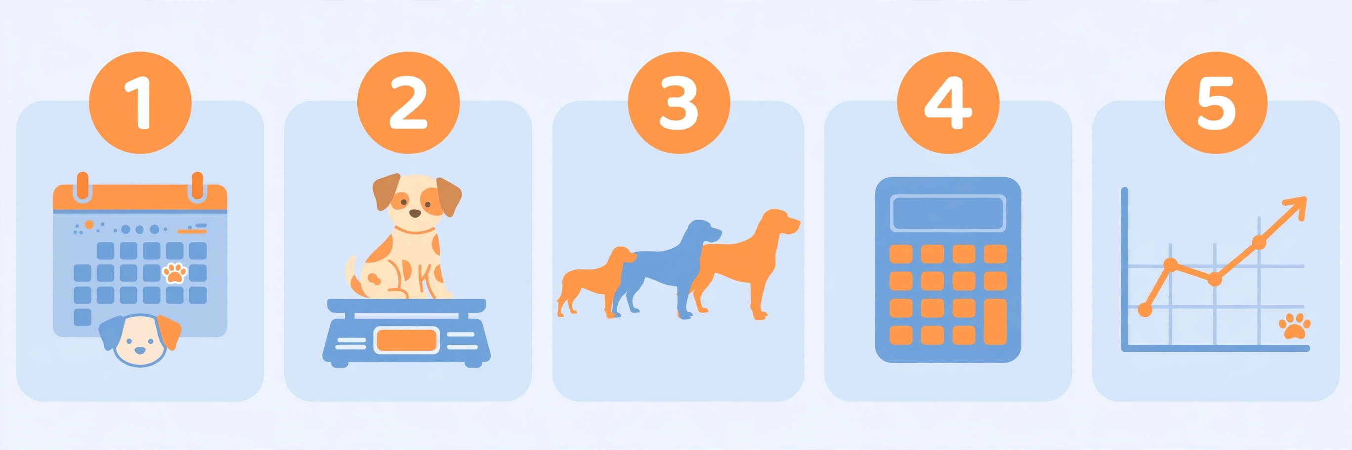 Illustration of the five steps to estimate a mixed-breed puppy's adult weight