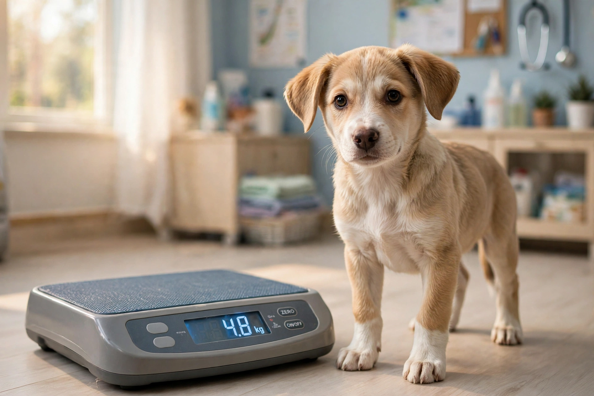 Puppy weight calculator mixed breed: mixed-breed rescue puppy standing beside a veterinary weighing scale