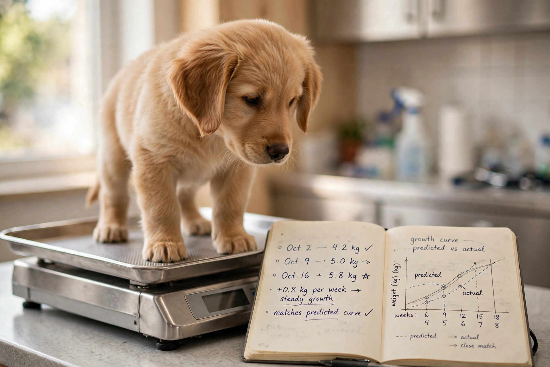 Most accurate puppy weight calculator: puppy being weighed on a veterinary scale with a notebook comparing predicted and actual growth curves