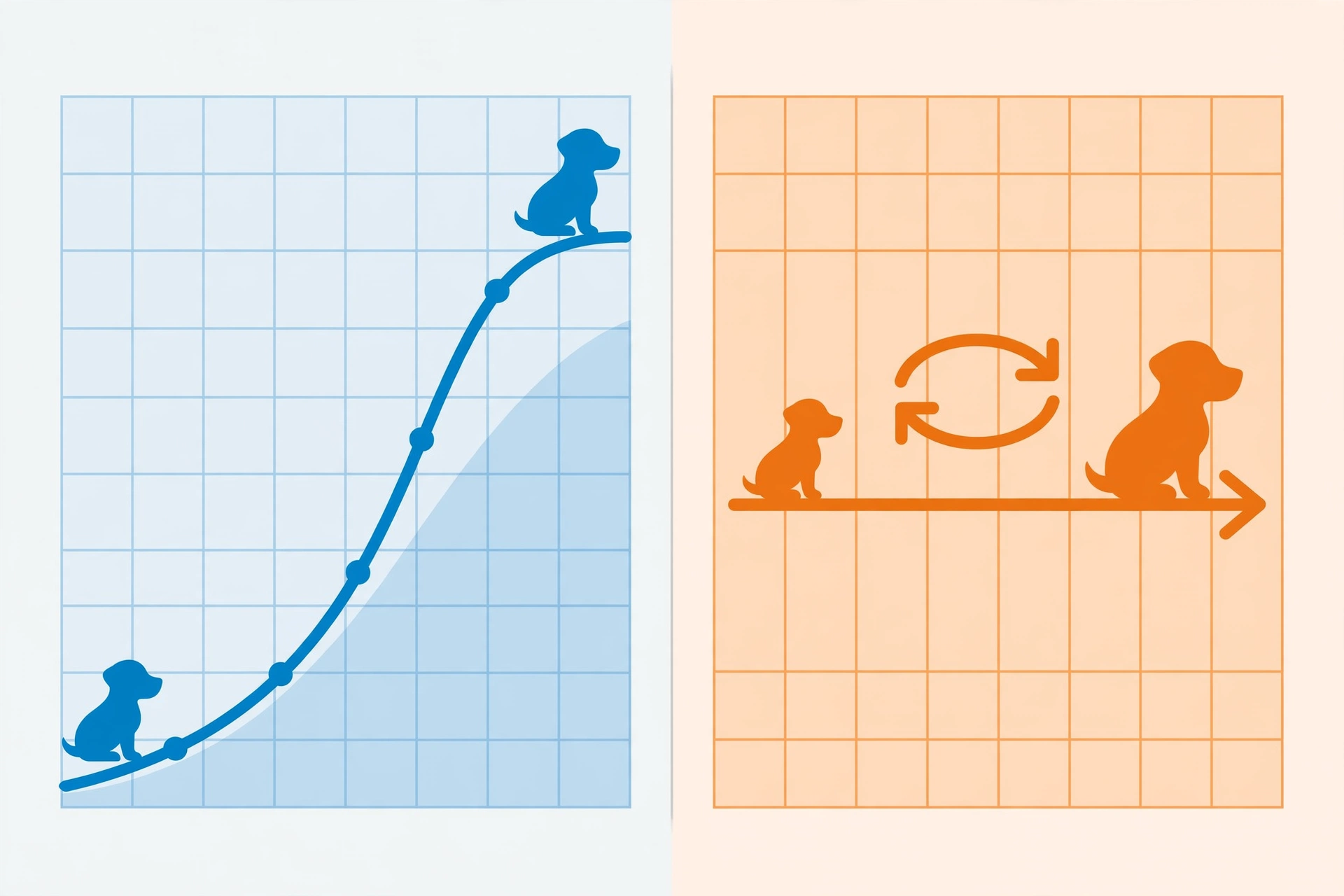 Illustration comparing puppy weight prediction methods: growth-curve interpolation versus a simple doubling rule