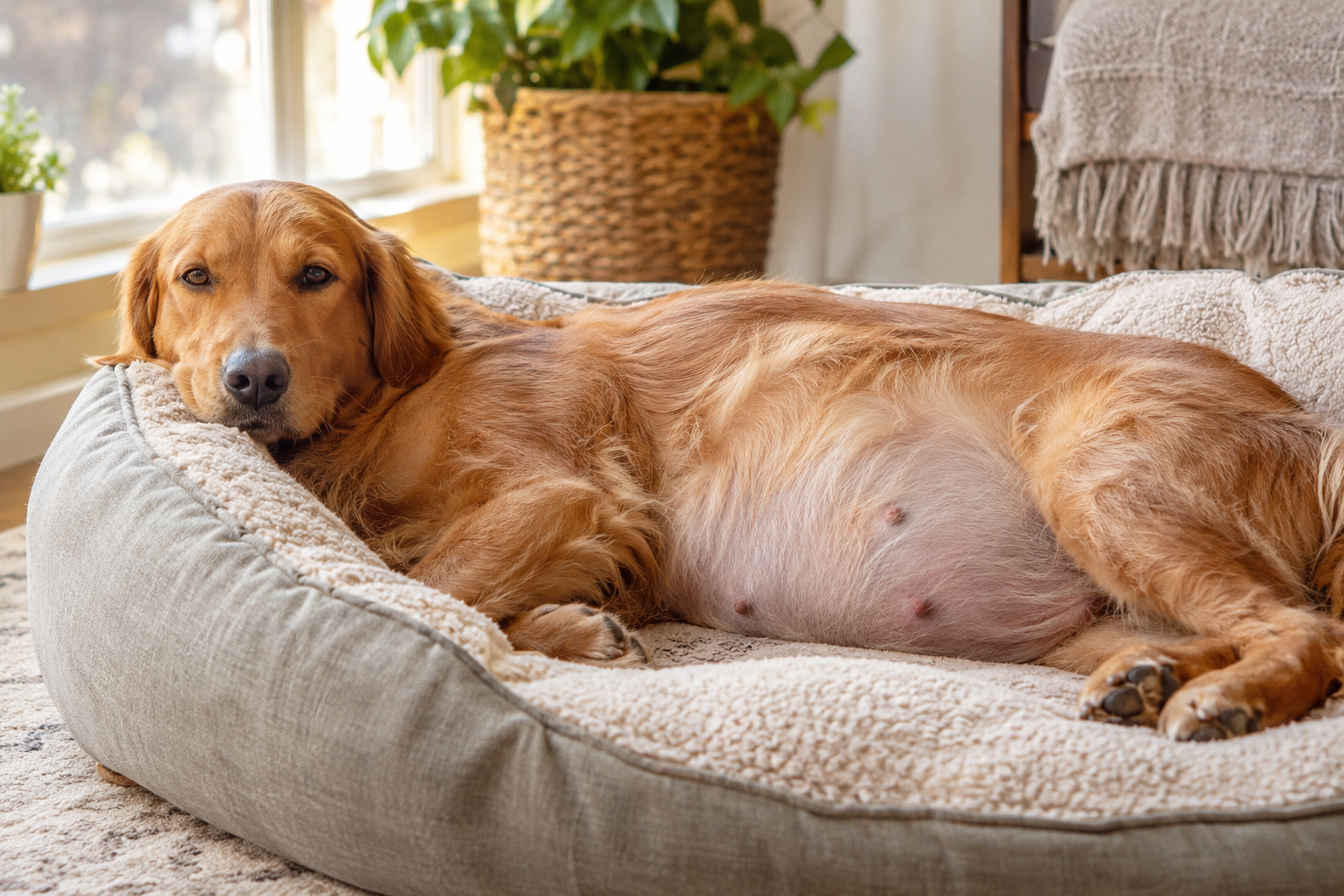 Pregnant dog resting comfortably on a bed at home