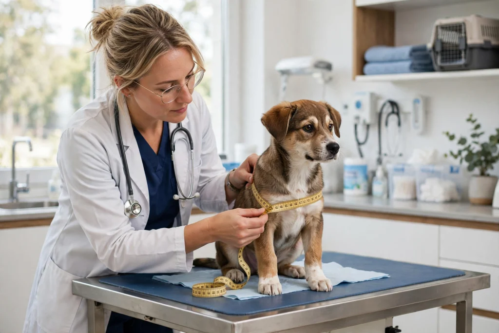 Veterinarian measuring a puppy to estimate its adult weight