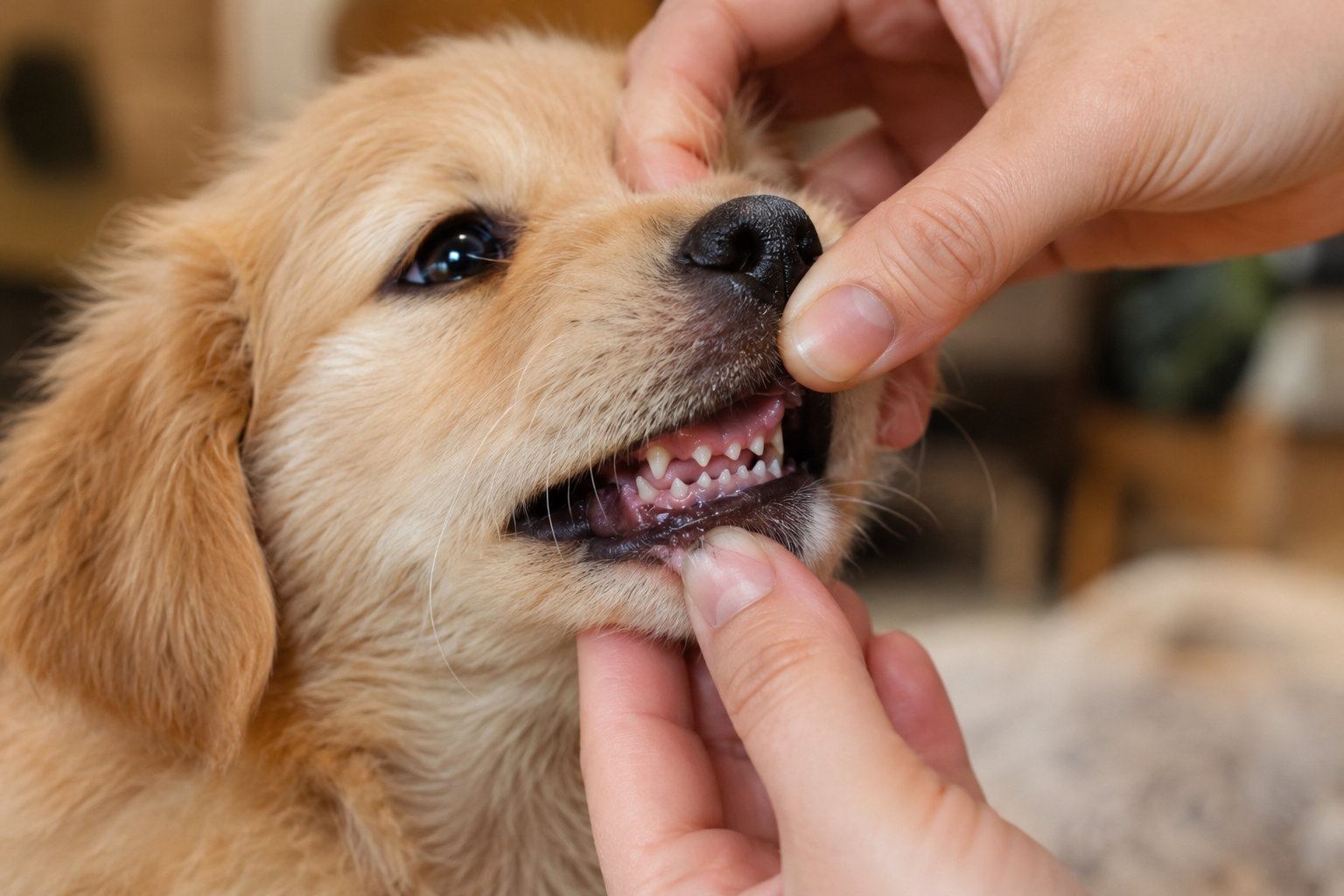 Person gently checking a puppy's baby teeth