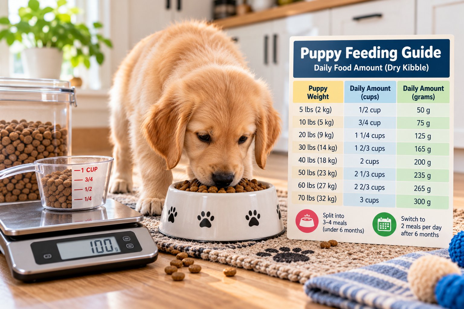 Puppy eating a measured portion of kibble beside a food scale and puppy food chart