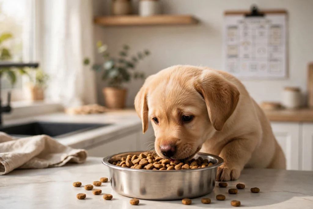 Puppy eating from a bowl