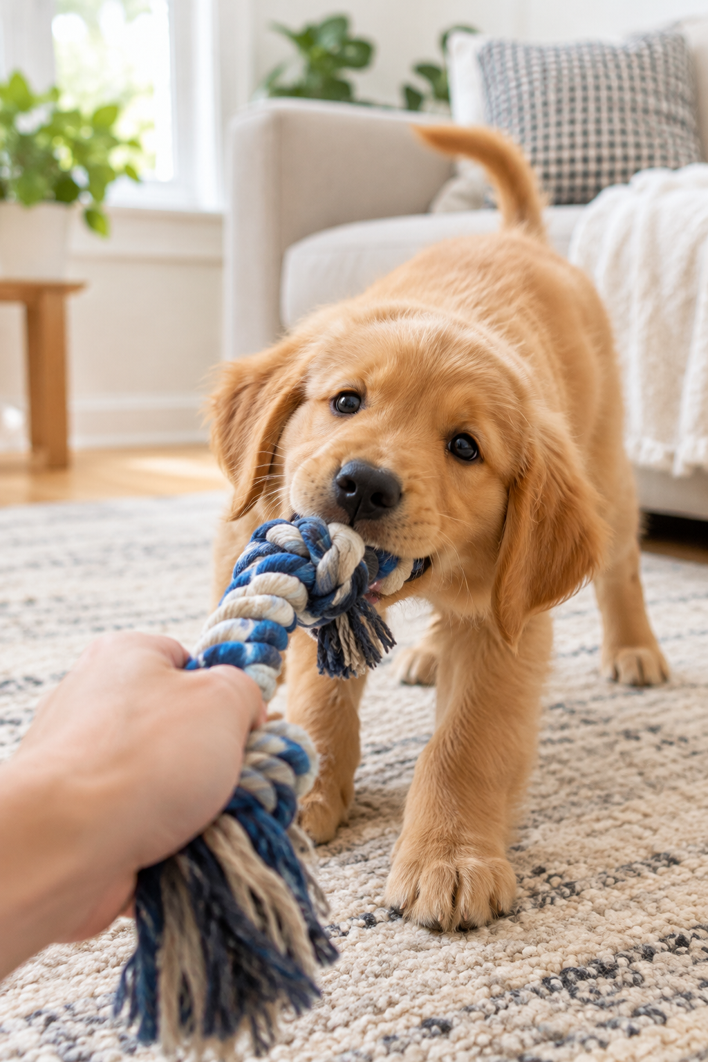 Puppy playfully tugging a rope toy held by its owner