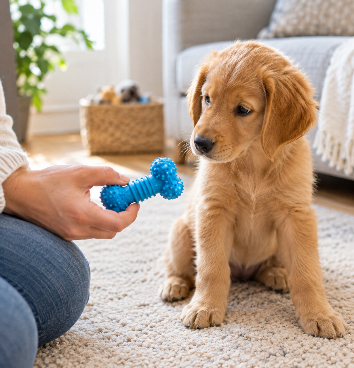 Owner offering a rubber chew toy to redirect a puppy from nipping