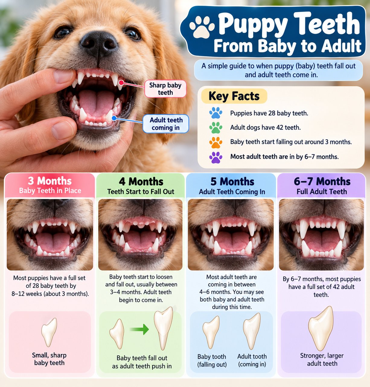 Puppy teeth timeline illustration showing baby teeth being replaced by adult teeth from 3 to 7 months