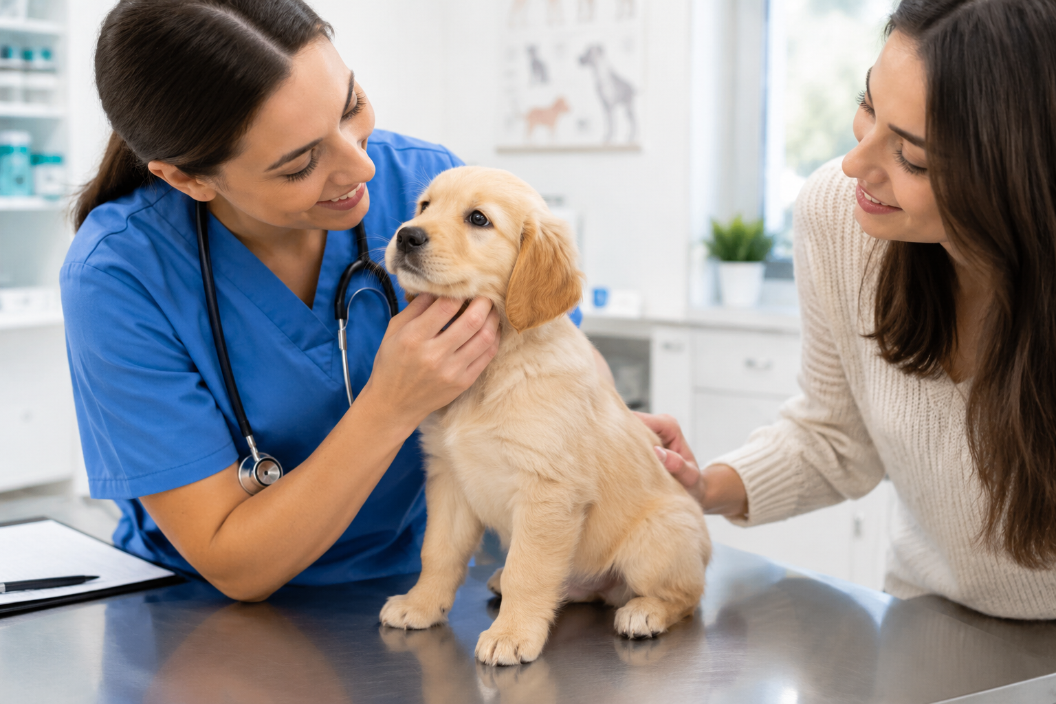 Small puppy being examined by a veterinarian at a clinic