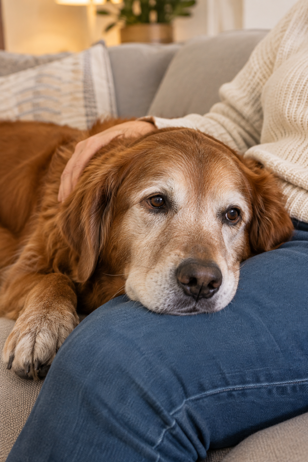 Senior dog with a grey muzzle resting its head on its owner's lap