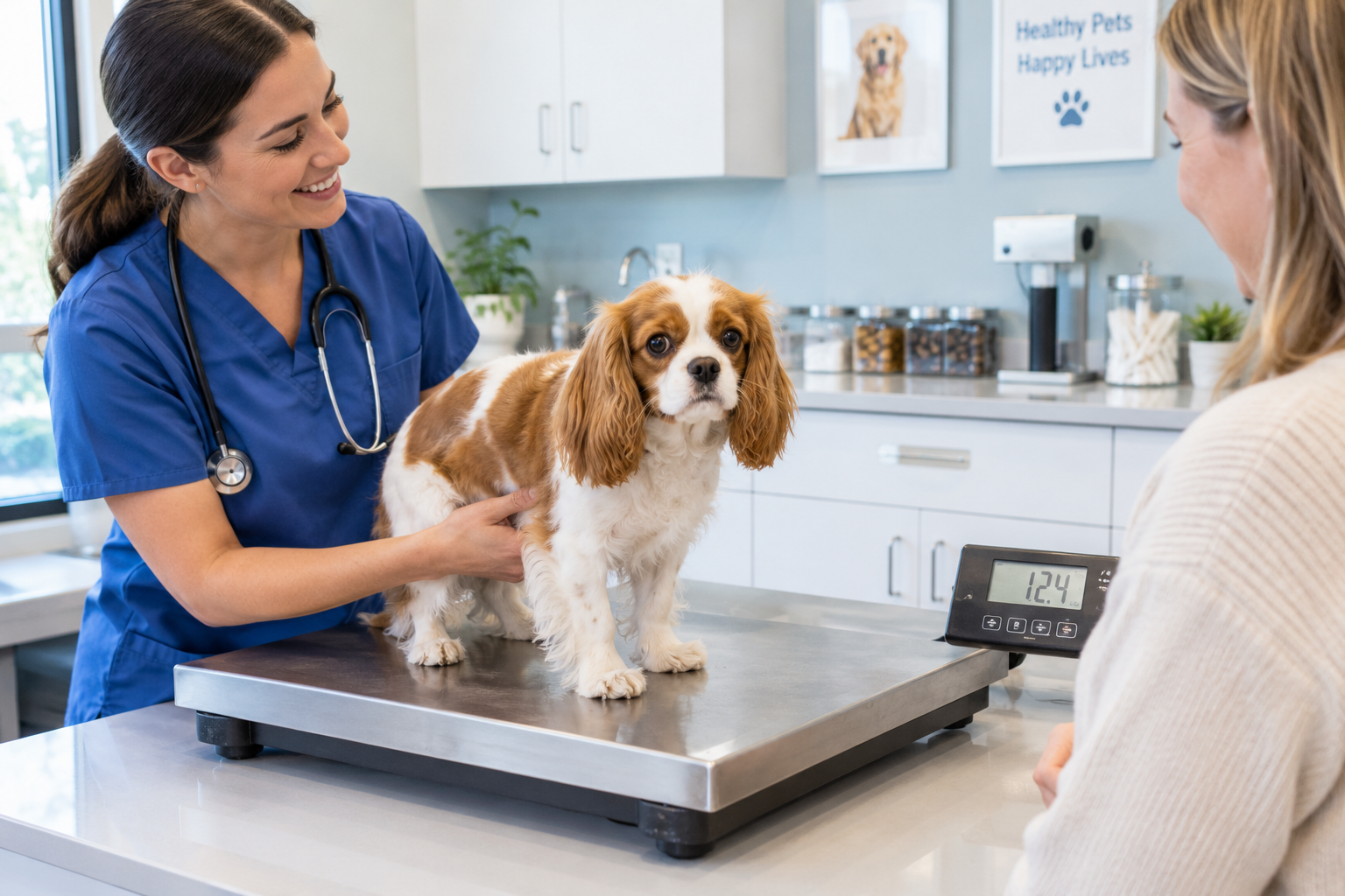 Small dog being weighed on a veterinary clinic scale