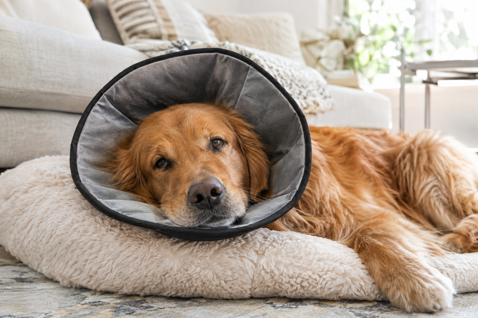 Dog resting at home in a soft recovery cone after surgery