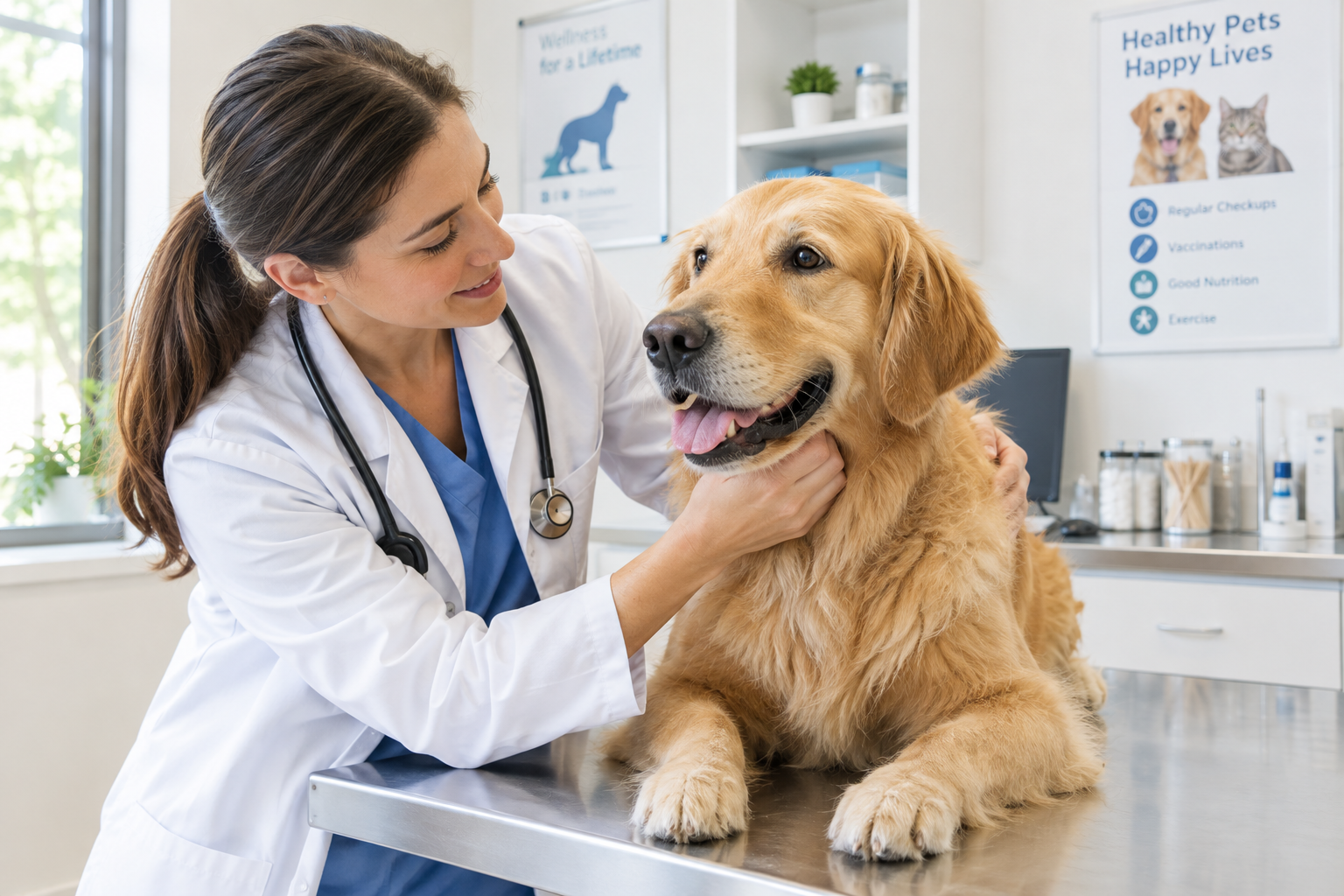 Veterinarian examining a dog on an exam table