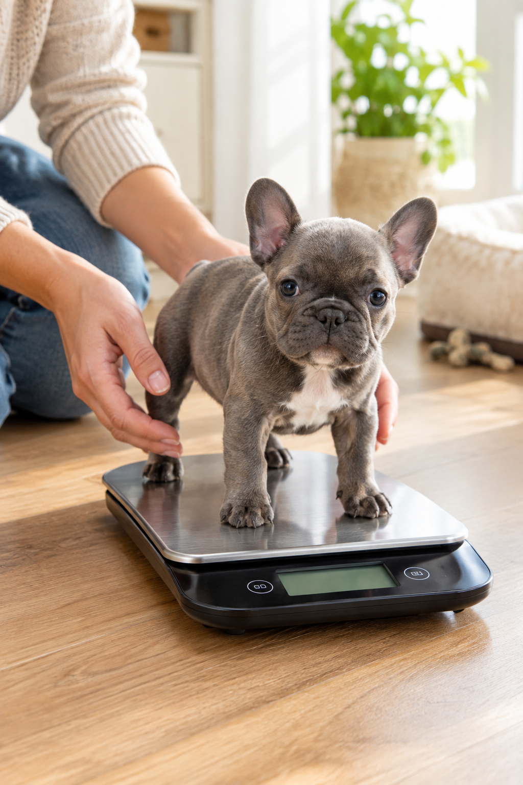 Tiny French Bulldog puppy being weighed on a digital kitchen scale at home