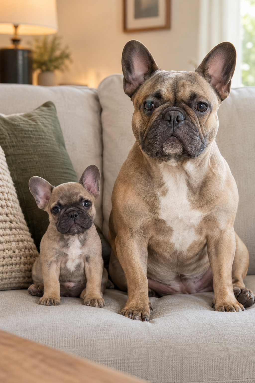 Very small French Bulldog puppy sitting next to a regular-sized adult French Bulldog