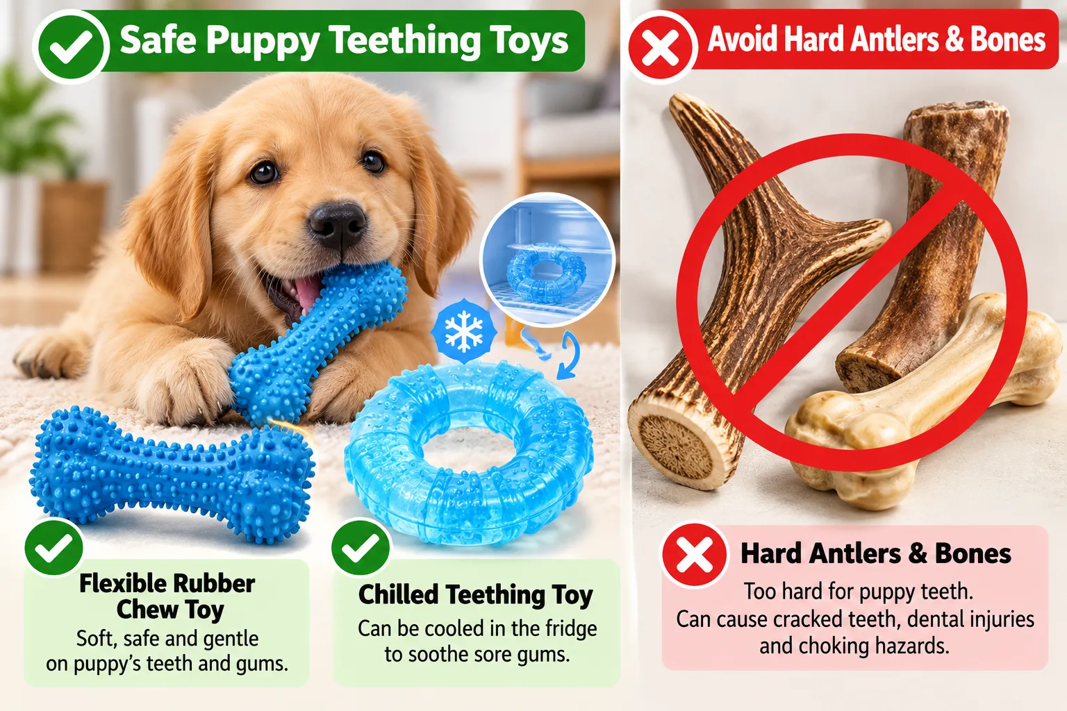 Safe puppy teething toys compared with hard antlers and bones to avoid