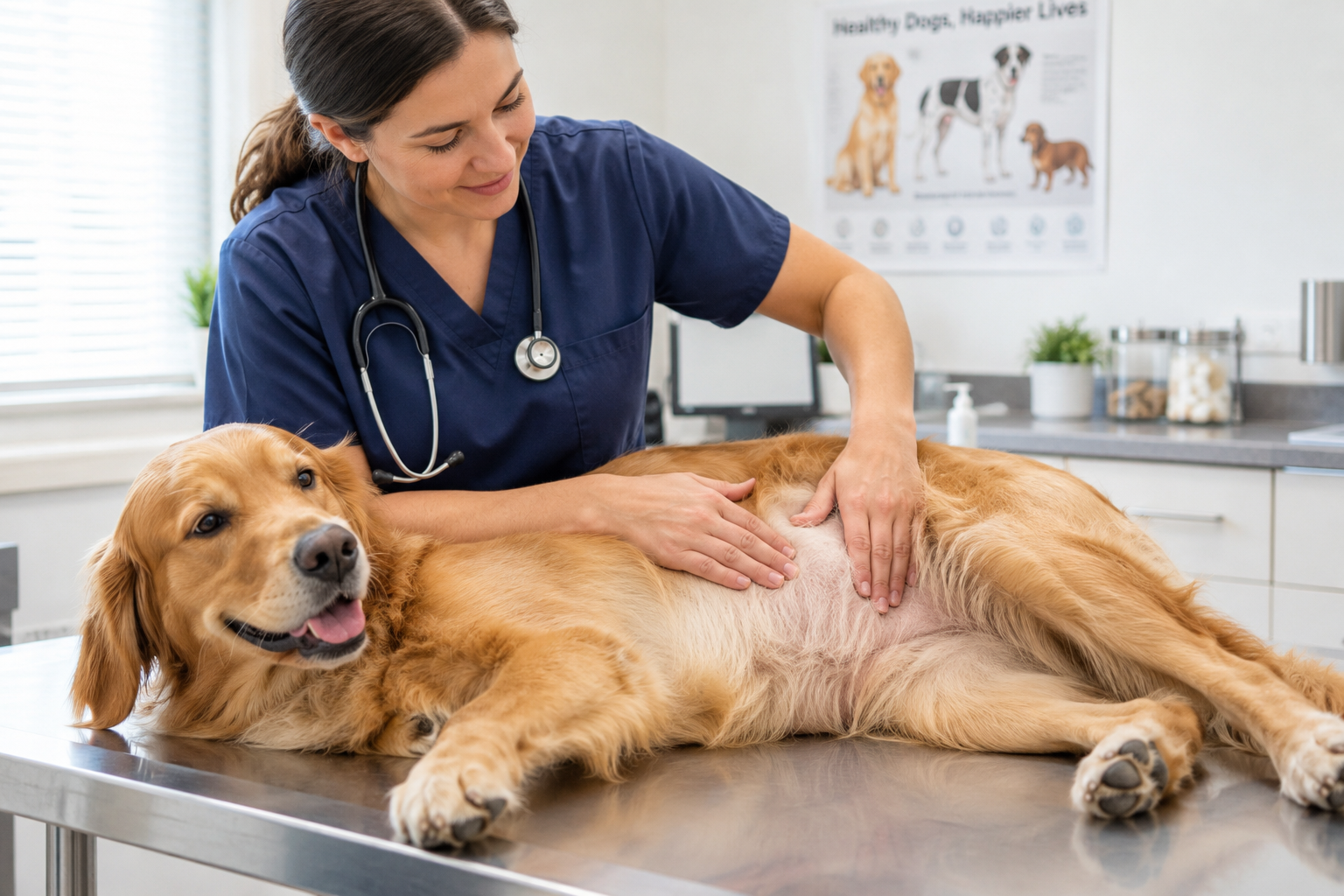 Veterinarian examining a dog's abdomen during a pregnancy check