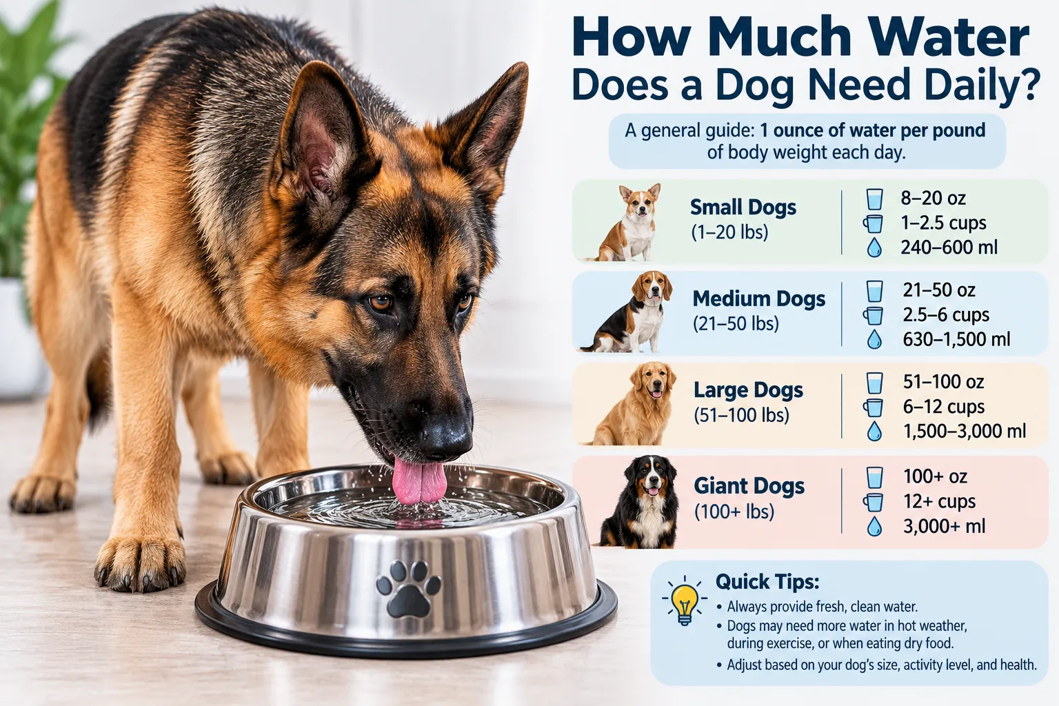 Infographic showing how much water a dog needs daily by size, with ounces, cups, and milliliters