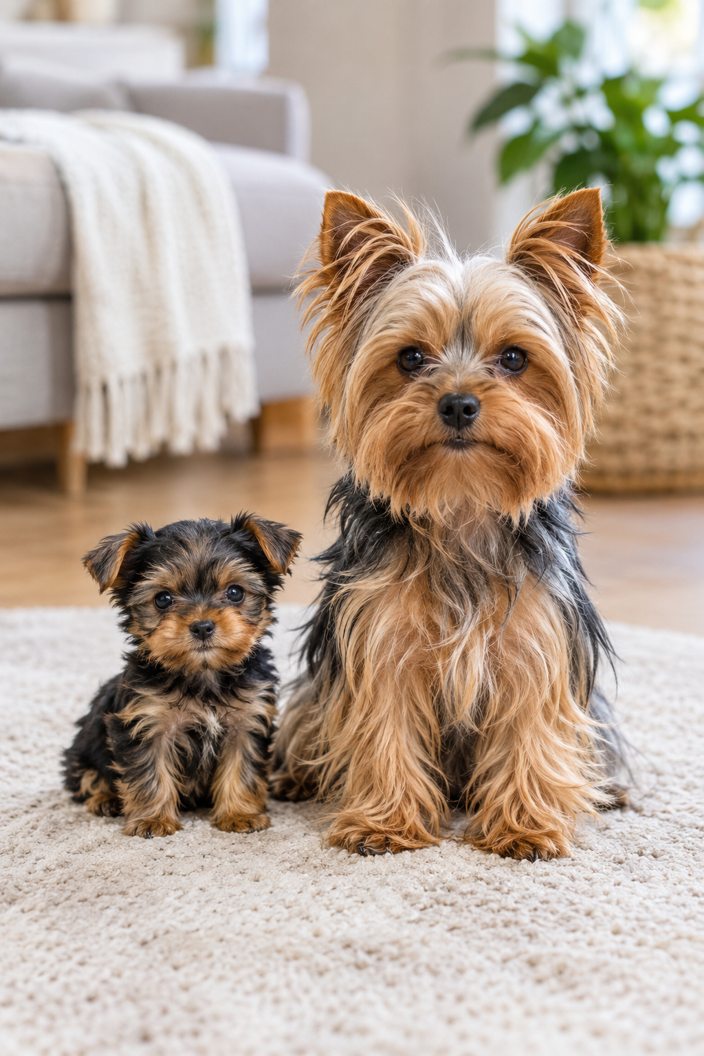 Tiny Yorkshire Terrier puppy sitting next to an adult Yorkshire Terrier