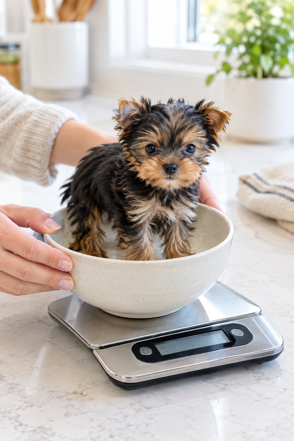 Yorkie puppy being weighed in a bowl on a digital kitchen scale at home
